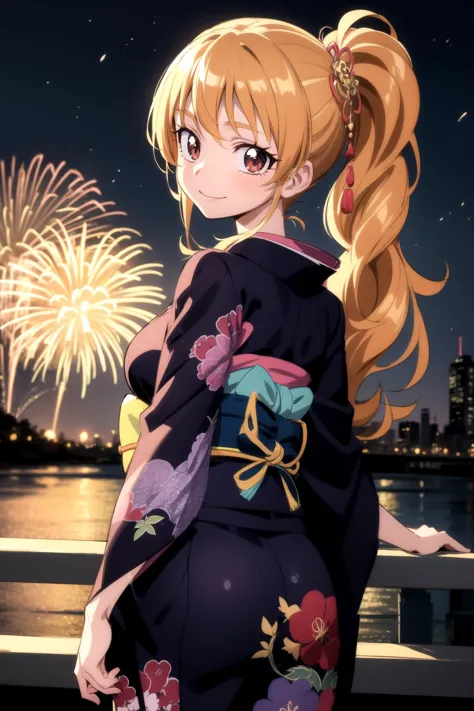 a woman in a kimono outfit standing on a bridge with fireworks in the background