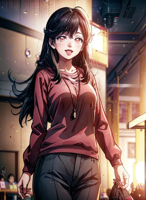 anime girl with long black hair walking in a restaurant