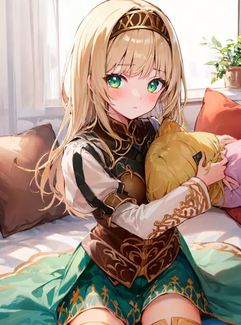 masterpiece, detailed, high quality, absurdres, alicia, 1girl, solo, small breasts, puffy sleeves, thigh boots, blush, juliet sleeves, zettai ryouiki, sketch, green skirt, sitting, (wariza), pillow, pillow hug, looking at viewer, cowboy shot,