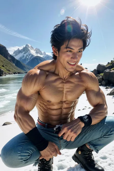 masterpiece, best quality, (1 boy), abs, backlighting, boots, cloudy_sky, day, dougi, fingernails, frown, full_body, looking_at_another, looking_away, male_focus, multiple_boys, muscular, pectorals, long_hair, smile, solo,, spiked_hair, sunlight, tied_hair...