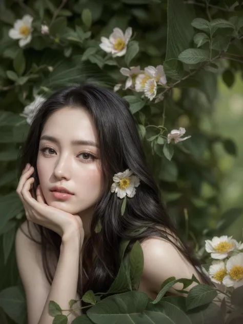 masterpiece,best quality, (photorealistic:1.5), (realskin:1.5), 1girl, <lora:more_details:0.8>, BRAV5_Realisianv50_PFv30,
solo, with flowers in front, black hair, long hair, black eyes, long eyelashes, realistic, looking at the audience, lips, upper body, ...