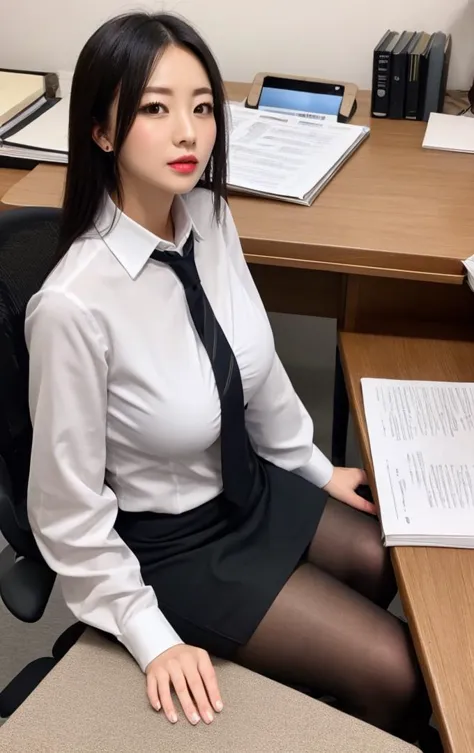 ((masterpiece:1.4,best quality)),1girl,business attire,white_shirt,black short skirt,sitting at a desk,working condition,large breasts,black stockings,sitting in the office working,