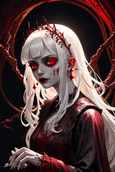 a close up of a woman with white hair and red eyes