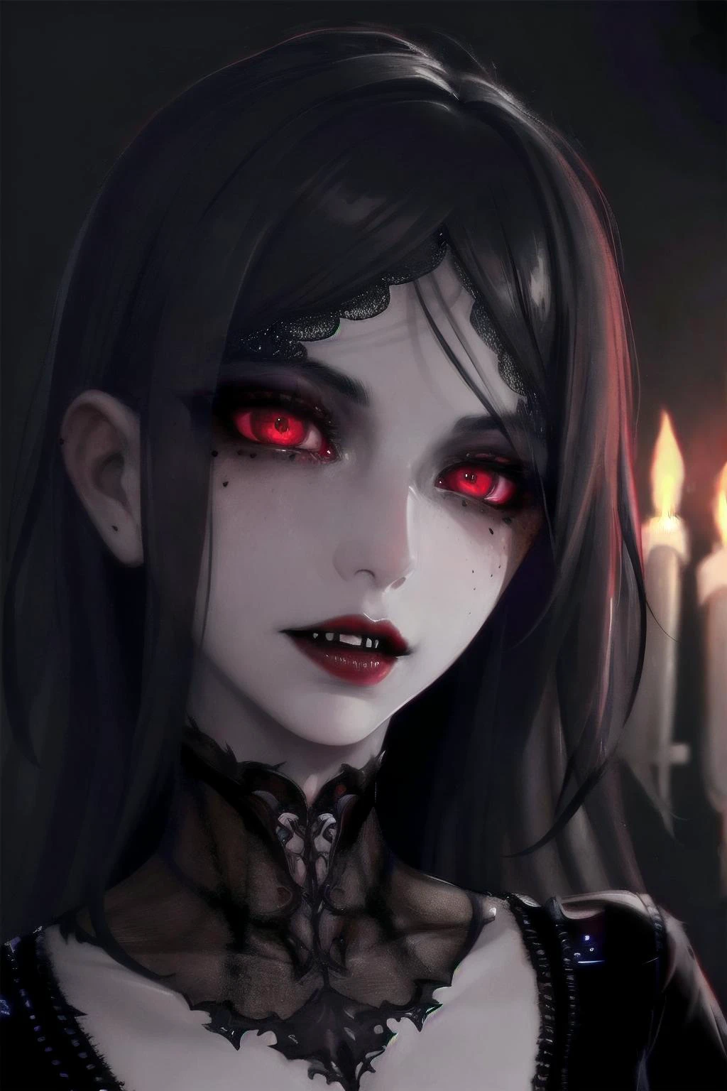 a beautiful victorian vampire. sinister, enticing. (teeth). seductive red lips. skin pores, veins, moles. dark candlelit crypt. volumetric lighting, high dynamic range.  ., intricate details, highly detailed, intricate eyes, detailed skin, intricate hair, realistic, skin pores