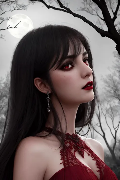 a beautiful vampire walking in the woods. moonlight. ballgown. blood red.   <lora:realistic_quality-realistic_quality_leco_-_v1.0:0.7>. detailed skin, skin pores.