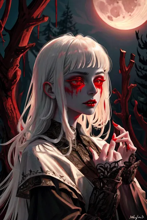 a pale lithe vampire walking in the woods. moonlight. ballgown. blood red.   <lora:realistic_quality-realistic_quality_leco_-_v1.0:0.7>. detailed skin, skin pores. overalldetail-detail_++_-_overall_detail, intricate details, highly detailed, intricate eyes, detailed skin, intricate hair, realistic, skin pores