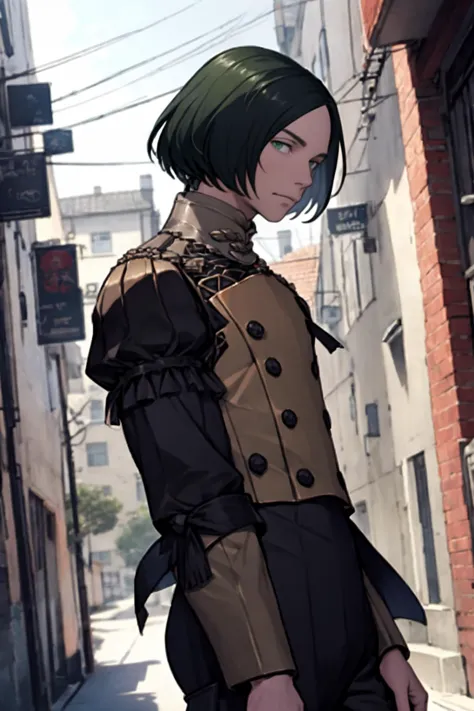 anime girl in a brown coat and black pants standing on a street