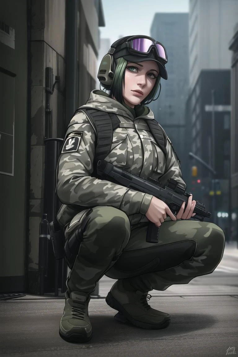 sie_(Regenbogen_sechs_siege), Meisterwerk, beste Qualität, 1 Mädchen, Waffe, Allein, camouflage, gun, grüne Haare, Halten Waffe, Brille, Halten gun, hat, hocken, Handschuhe, grüne Augen, kurzes Haar, Kopfhörer, Halten, Pistole, camouflage Jacke, Schuhe, Lippen, fingerless Handschuhe, Jacke, Militär, Brille on head, Hose, braune Schuhe, zur Seite schauen, Disziplin auslösen, Ganzkörper, lange Ärmel, Uniform, Nase