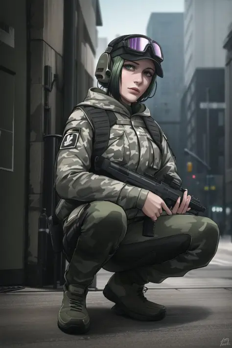 <lora:ela_(rainbow_six_siege):0.8>, ela_(rainbow_six_siege), masterpiece, best quality, 1girl, weapon, solo, camouflage, gun, green hair, holding weapon, goggles, holding gun, hat, squatting, gloves, green eyes, short hair, headphones, holding, handgun, camouflage jacket, shoes, lips, fingerless gloves, jacket, military, goggles on head, pants, brown footwear, looking to the side, trigger discipline, full body, long sleeves, uniform, nose