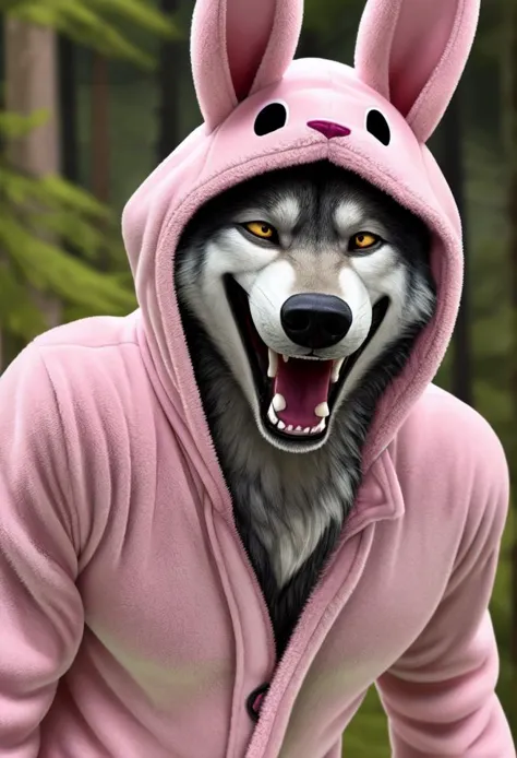 arafed wolf in a pink hoodie with a big smile