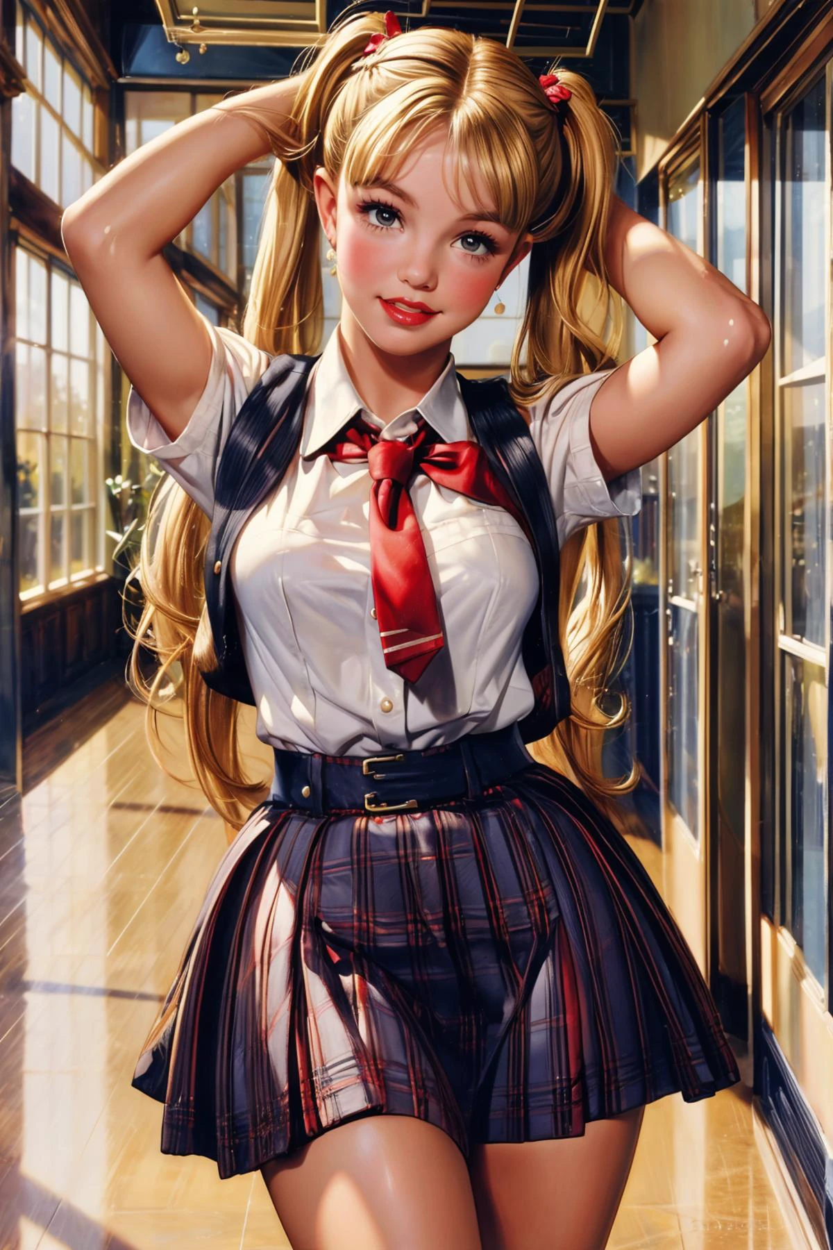 Style Of Gil Elvgren, UHD, HDR, masterpiece, global illumination, [Britney Spears] as a stunningly beautiful student, solo,  uniform, brown eyes, blonde hair, twintails, makeup, school hallway, 90s scenery, indoor school background, adorable, cute, hands behind head posing, britneyspears-smf,
