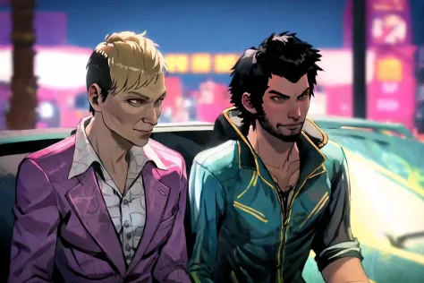 pagan min and ajay ghale, man and boy sitting in open-topped limousine, smile, upper body
brown eye, blond hair, pink pattern lapel shirt
black hair , brown eye, blue jacket
in night city, bustling streets of Shanghai that bustle with people, neon light, sitting in convertible
blurry background, lens blurring, dark night
<lora:R2W_FC4_0807_f5-64:1>