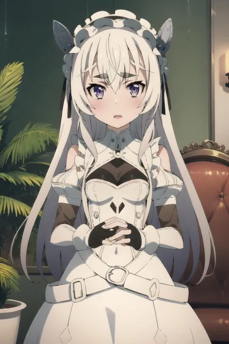 chaika, 1girl, dress, blush, coffin, clenched_hands, pantyhose, solo_focus, looking_at_viewer, long_sleeves, solo, plant, standing, couch, indoors, gloves, thick_eyebrows, open_mouth, 2girls, thighhighs, parted_lips, puffy_sleeves, potted_plant, black_gloves, tree, skirt, fingerless_gloves, ribbon, white_dress