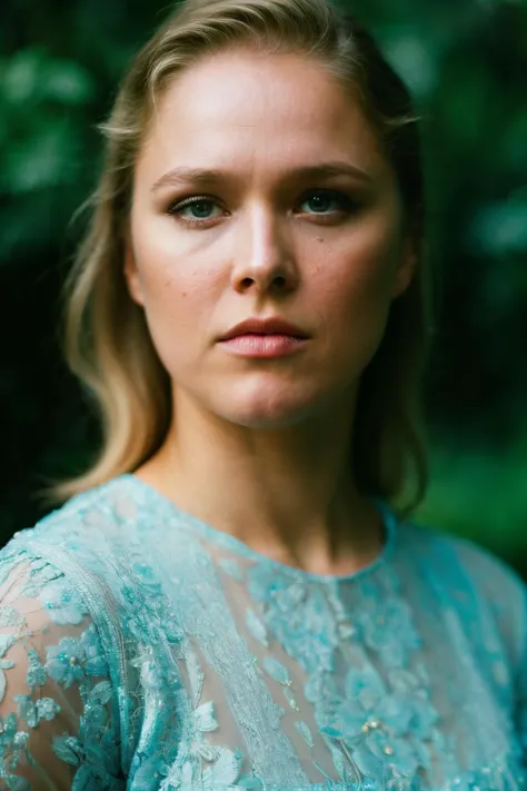 a close up of a woman in a blue dress looking at the camera