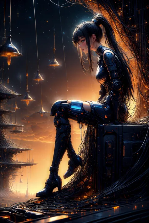 a woman sitting on a ledge in a futuristic city