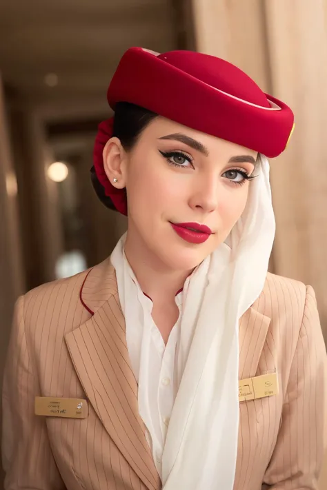 a close up of a woman wearing a red hat and a tan suit