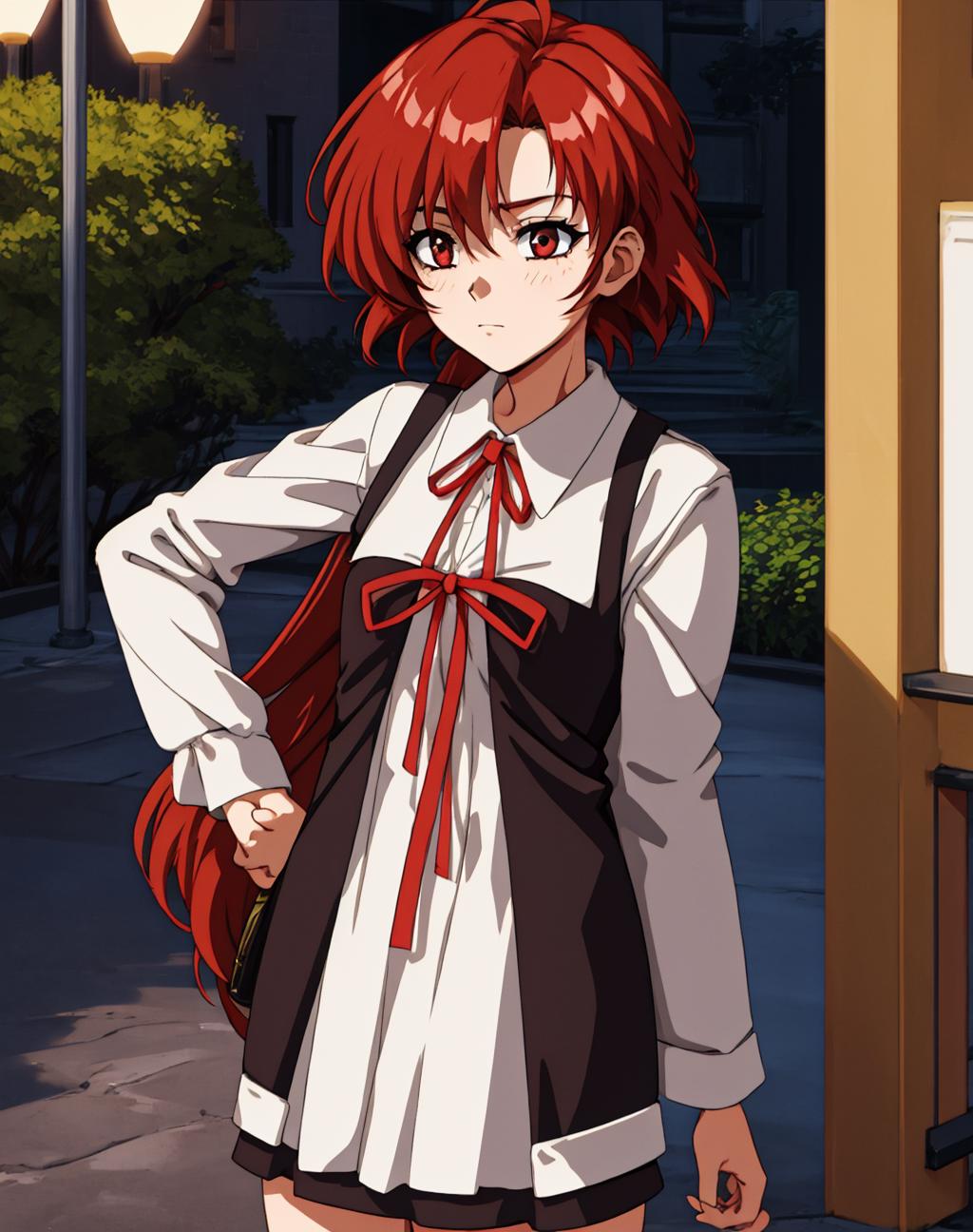 Anime girl with red hair and a white shirt and black skirt - SeaArt AI