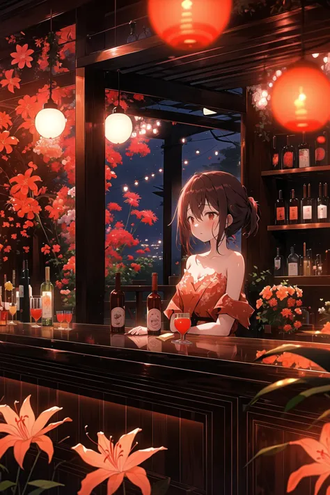 anime girl sitting at a bar with a bottle of wine