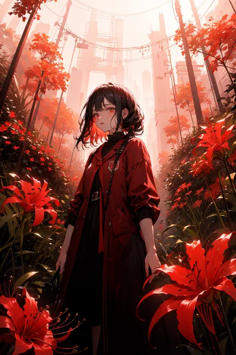 (best art,:1.3),red theme, white theme, ultra high res, masterpiece, best quality,  <lora:spider_lily-000010:0.8>red spider lily