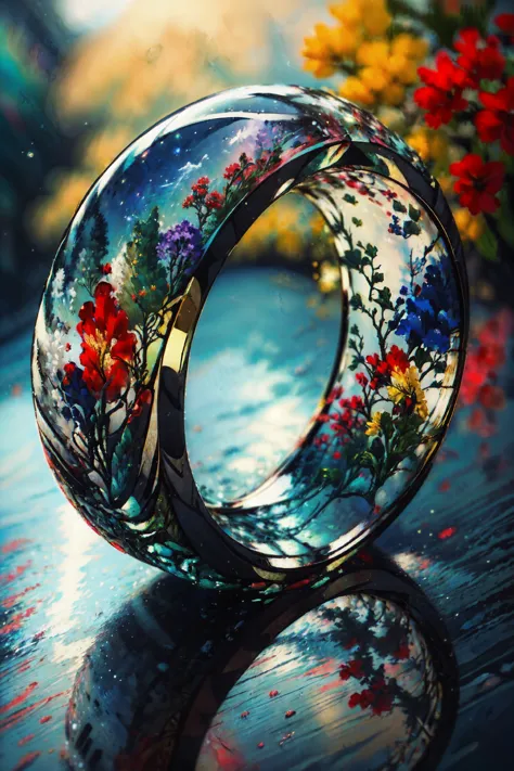 (Glass ring:1.3), masterpiece, best quality, landscape, (style of Carne Griffiths:1.3), (masterpiece, best quality:1.5), Tahitian pareu, Shopping mall, Clear skies, <lora:RingArt_Sora:0.8>