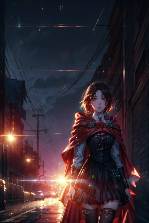 best quality, masterpiece, realistic, photorealistic, <lora:rwby_rose_mistral-12:0.8> 1girl, mistralrose, solo, cape, dress, crescent rose, thighhighs, corset, looking at viewer, skirt, detailed background, in street, light, rain <lora:DarkIncursioStyle:1> night, \(dark environment\)
BREAK
outdoors, twilight, raytracing <lora:add_detail:1>