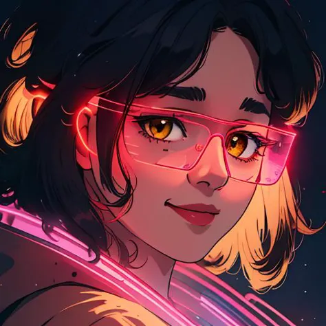 a woman with glasses and a pink light on her face