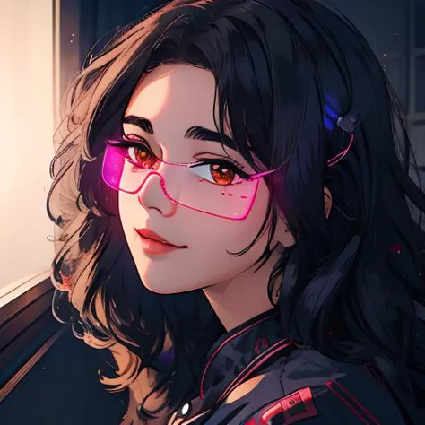 a woman with glasses and a pink eye patch looks out a window