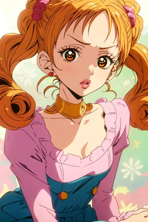 soft and warm color, movie still,bright, vivid,dreamy, evocative use of light and shadow, incredible beauty, anime style, vibrant, studio anime, beautiful, textural, ray tracing, absurdres, offical art, illustration, (((masterpiece))),(((best quality))),((ultra-detailed)), 1990s style, simple background, white background, 1girl, (ikako_Kouda), mature female, looks at the viewer, baby bangs, eyelashes, pouty lips, blonde hair, brown eyes, curly hair, earrings, hairclip, heart hair ornament, red lips, makeup, smile, solo, twintails,