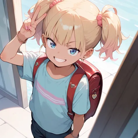 score_9, score_8_up, score_7_up,source_anime, cowboy shot, 
1girl,(child:1.5),twintails, (gyaru:1.2),standing,(grin:1.2),half-closed eyes,blue eyes,short shorts, (arm up,peace sign:1.3),(looking at viewer:1.4),blue t-shirt,hand in pants pocket,
(anime screencap,anime coloring,megami magazine,yumekawaii:1.1), <lora:randoseru_pony_v4:1:lbw=0,0,0,0,0,0,1,1,0,0,0,0>randoseru,backpack,from above