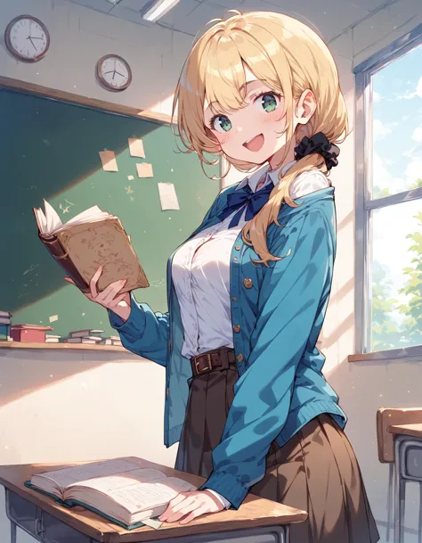 anime girl in a classroom holding a book and a clock