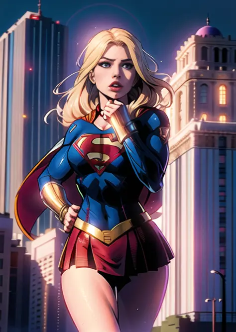 supergirl tirant devant un immeuble, jourlight, lumière d&#39;en haut, jour, fond de grand bâtiment