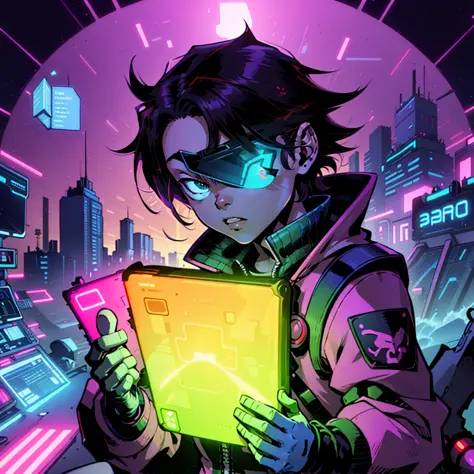 A young hacker wearing a VR headset jacks into a virtual reality network, surrounded by a sea of glowing code and digital information. Art by Akira Toriyama and Tsutomu Nihei.