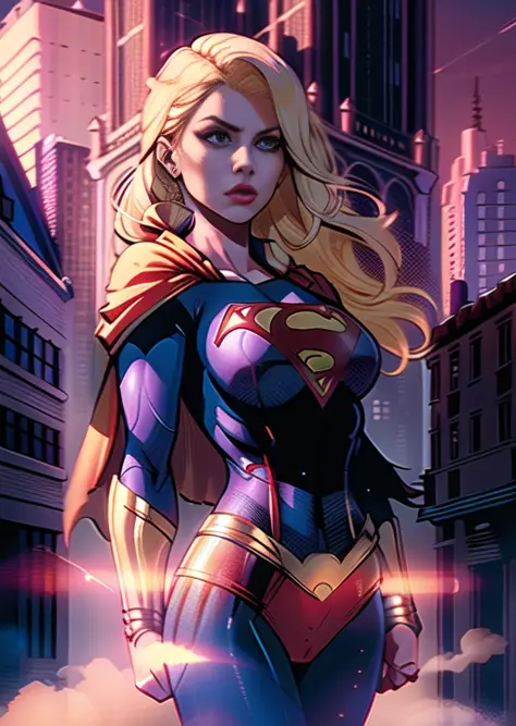 inked, beautiful supergirl shooting in front of a building, blonde hair, red cape, daylight, light from above, day, big building...