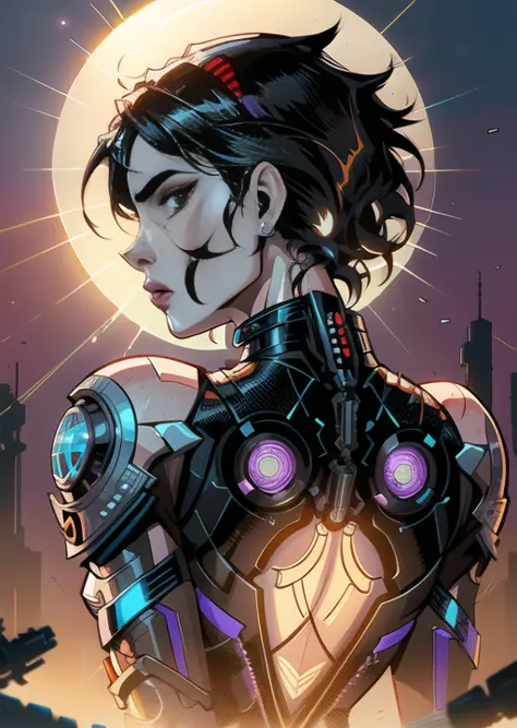 tatuado, foto de retrato premiada de uma cavaleiro futurista, vestindo streetwear complexo cyberpunk, (retroiluminação:1.3), pintura digital, arte conceitual, suave, foco nitído, regra dos terços, detalhes intrincados, tiro médio, (profundidade superficial de campo:1.1), por Sandra Chevier, Estilo-psicopata