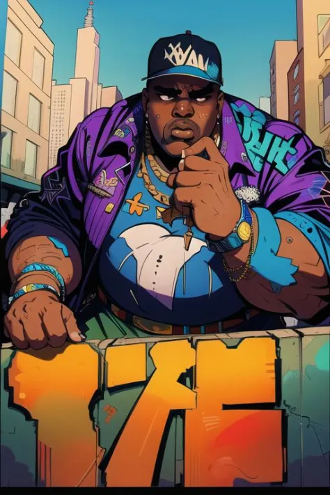 inked, outlined, masterpiece, best quality, highly detailed, 8k, sharp focus, (notorious big:1.2), rapper, heavyweight, somewhat fat, detailed eyes, westcoast, hip-hop street art style, graffiti, dynamic angle, dynamic pose