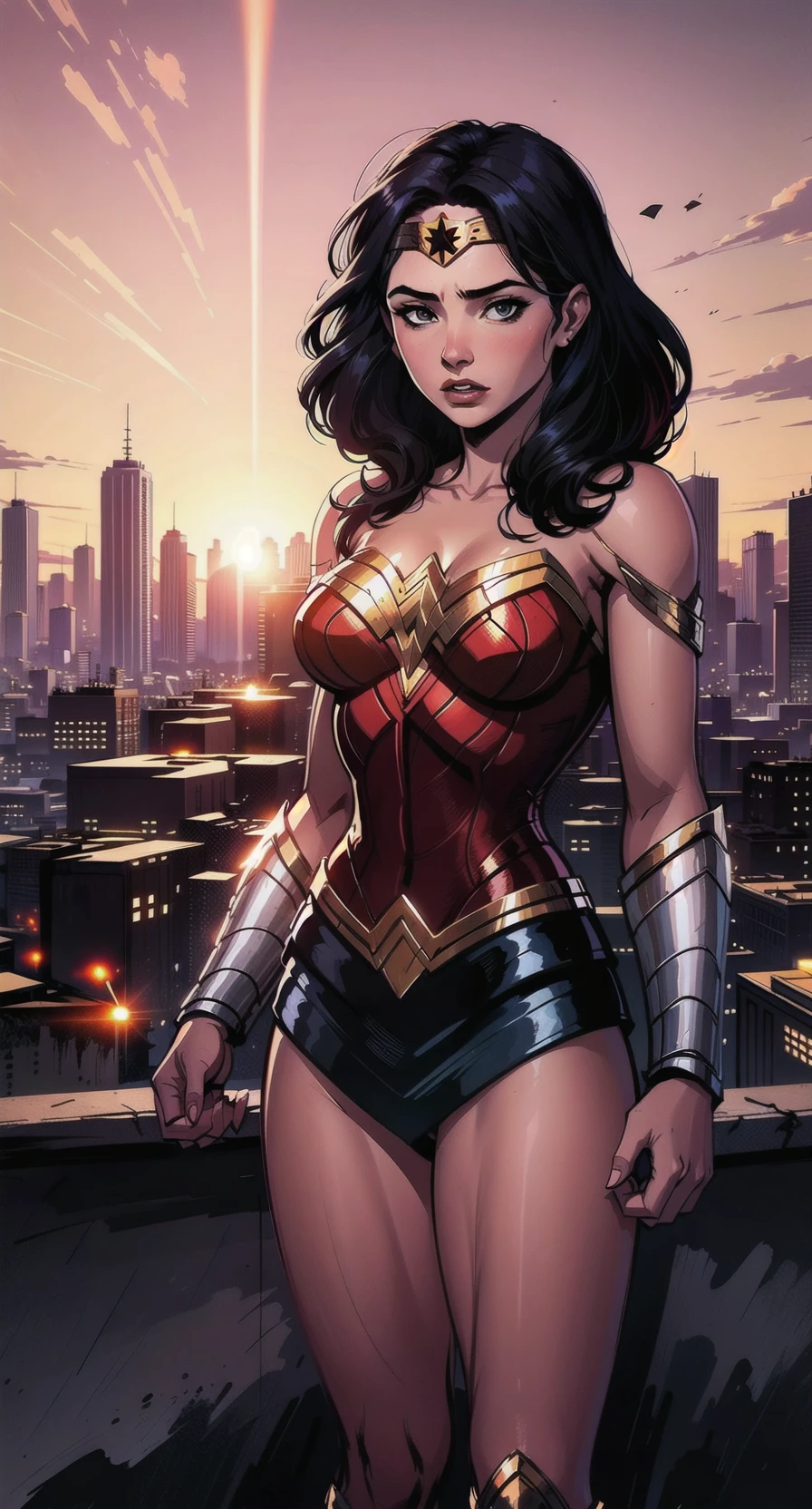 رسم توضيحي جميل يظهر Wonder Woman واقفاً قبل غروب الشمس المذهل, تطل على مناظر المدينة الشاسعة