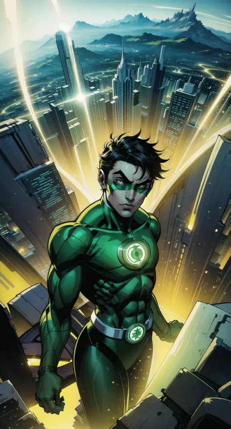 Breathtaking image of Green Lantern surveying the vibrant Emerald City from high above.