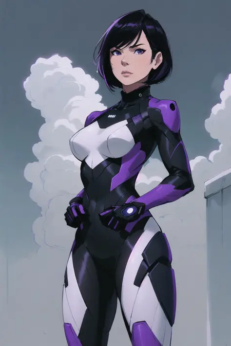 1girl, Lucy Liu, female focus, feminine female, high tech, short black hair, bob hairdo, ((Standing, Proud, Standing Pose, Strong Stance:1.1)), looking at viewer, realistic, Detailed dark purple and white Tactical Stealth suit, Detailed dark purple and white superhero stealth suit, Stealthy Costume Design, Cool Costume, solo, superhero, toned, ((masterpiece)) (low angle, upshot, cloud background, sky background:1.2)