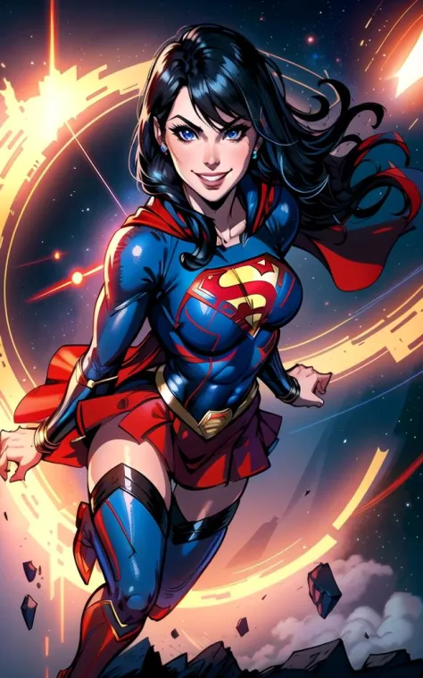 inked, best quality, beautiful woman as supergirl, black hair, superhero, blue bodysuit, red short skirt, red cape, grin, in space, earth background, sharp focus, 8k, centered, medium shot