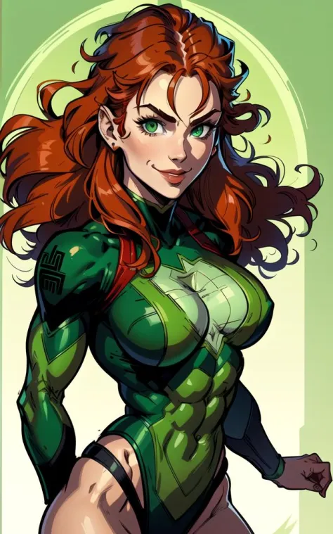 1girl, berserker, abs, red hair, green eyes, organic green bodysuit, smile, female focus, muscular, long hair, simple background...