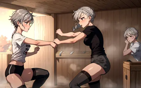 2girls, fighting stance, (from side)--, grey hair, brown eyes, braid, short hair, t-shirt, casual, thighhighs, sauna