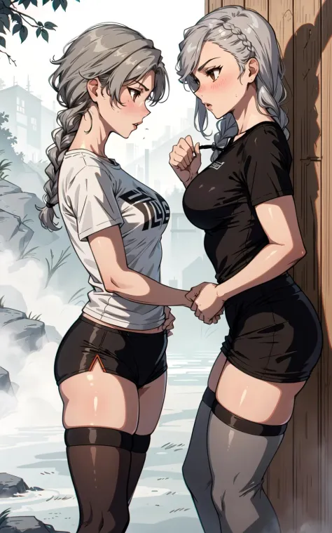 2girls, fighting stance, (from side)--, grey hair, brown eyes, braid, short hair, t-shirt, casual, thighhighs, sauna