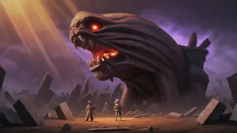 a painting of a giant monster with glowing eyes standing in front of a man