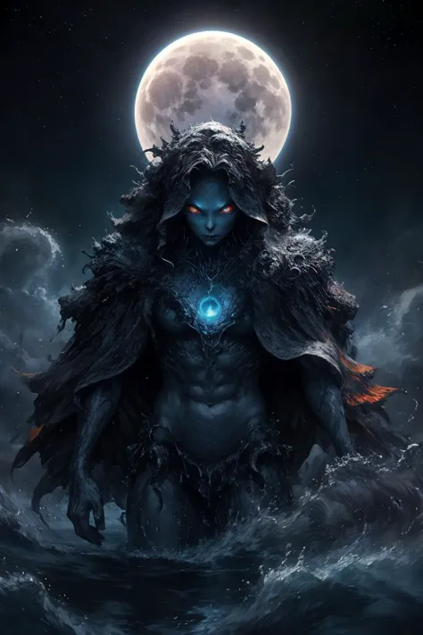 a man with a blue face and a cape standing in the water under a full moon