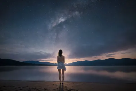 a woman standing on the beach looking at the stars