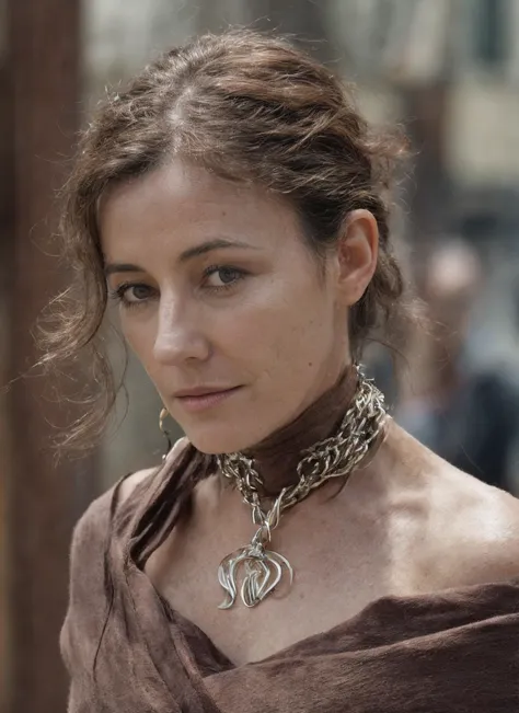 a close up of a woman wearing a brown dress and a necklace