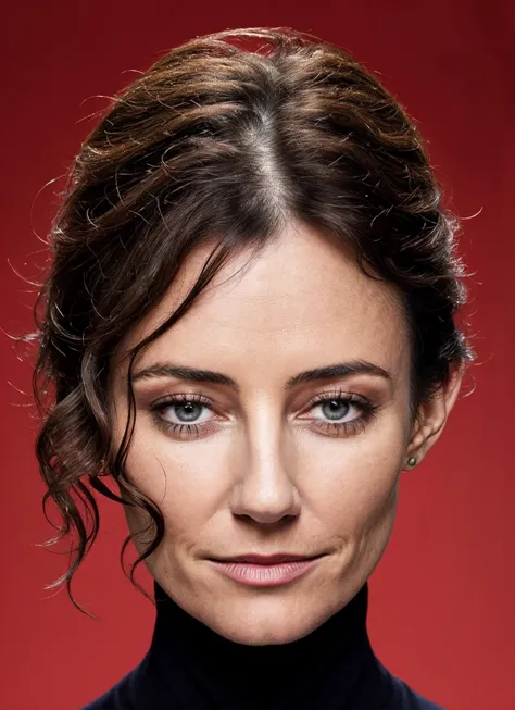 a close up of a woman with a black turtle neck top