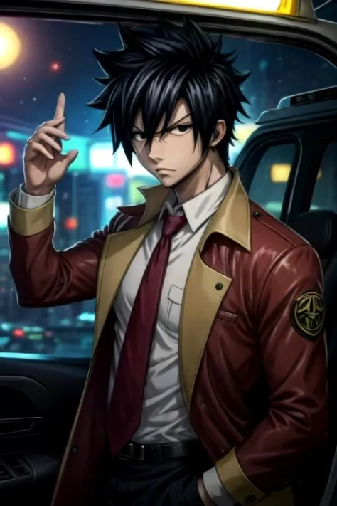 masterpiece, best quality, wallpaper, 1boy, solo, male focus, looking at viewer, , depth of field, anime coloring, , gray_fullbuster, black hair, black eyes, spiked hair, , , taxi driver costume, science fiction detective,