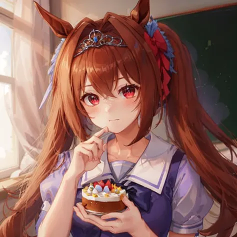 anime girl with long brown hair holding a cake in her hand