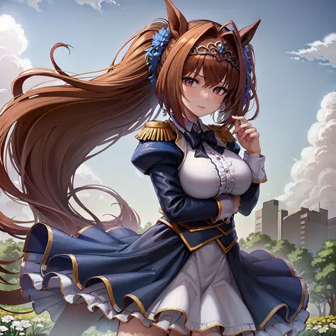 ((masterpiece, best quality)),1girl,horse ears,<lora:Daiwa Scarlet(p):0.6>,blue flower,dappled sunlight,in spring,wind,sunlight,cloudy sky,meadow